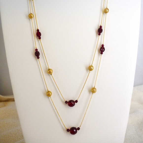 Necklace & Earring Set Gold Plate & Garnet Red Glass Beads 2 Strands NWOT M380 - Picture 6 of 6
